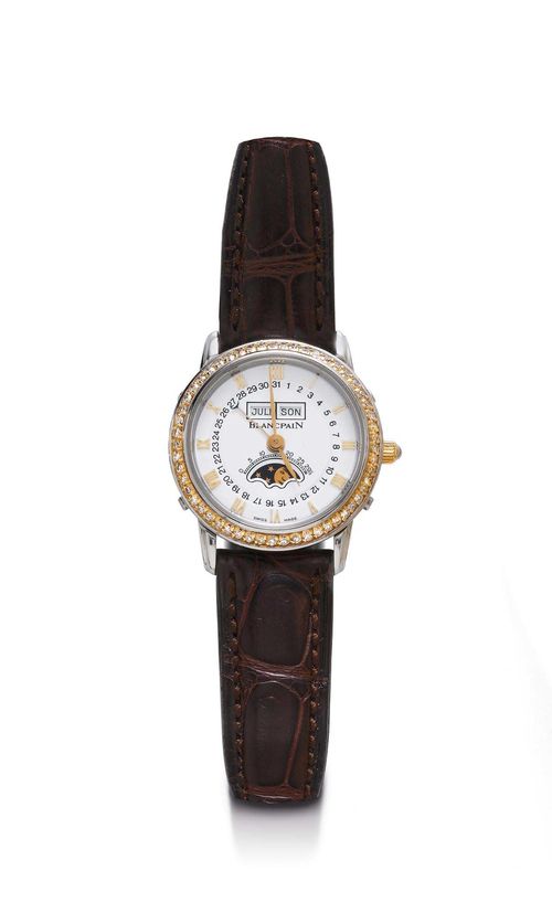 DIAMOND LADY'S WRISTWATCH, CALENDAR WITH MOON PHASE, BLANCPAIN, 1990s. Steel and yellow gold 750. Steel case No. 52 with brilliant-cut lunette in yellow gold and 4 setting knobs, the back engraved JB1735. White dial with applied Roman numerals and gold-coloured hands, date ring, window with day and date at 12h, moon phase at 6h. Hand winder, Cal. 6281. Brown leather band with gold-coloured clasp, not original. D 25 mm. With case, setting pin, and instructions.