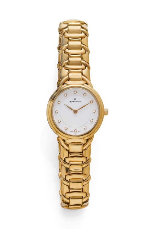 DIAMOND LADY'S WRISTWATCH, AUTOMATIC, BLANCPAIN, 1990s. Yellow gold 750, 114g. Round case No. 12. White dial with diamond indices and gold-coloured hands. Automatic, Cal. 953. Original gold band with fold-over clasp. D 26 mm. With cardboard box, warranty, and copy of the insurance estimate, December 1999.