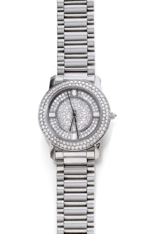 DIAMOND LADY'S WRISTWATCH, AUTOMATIC, MAJO FRUITHOF, 2002. White gold 750, 187g. Gold case with brilliant-cut diamond lunette, diamond-set crown and exhibition back. Dial set throughout with brilliant-cut diamonds, 4 baguette-cut diamond indices and black hands. Total weight of the diamonds and the brilliant-cut diamonds ca. 3.50 ct. Automatic, Cal. ETA 2892A2, Gold rotor signed Majo Fruithof. Solid gold band with fold-over clasp. D 34 mm. With pouch and copy of invoice for the watch and the band, 2002 and 2005, respectively.