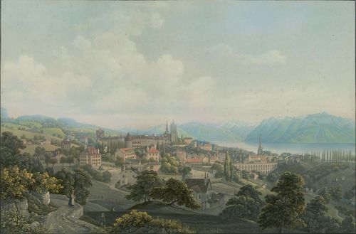 LAUSANNE.-Himely after Jean-Baptiste Dubois (1789-1849). Lausanne & les Alpes Vaudoises. Original coloured aquatints etching, 37.8 x 58 cm. Partly heightened with egg white. Gold frame. - Cut to image. Outer line in black pen. Minor foxing and slightly browned in upper section of picture. Overall good condition.