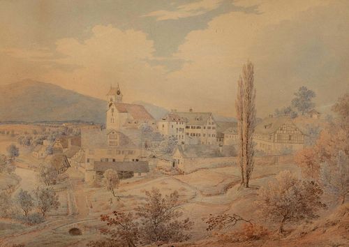 MEIER, JOHANN JACOB (Meilen 1787 - 1858 Zürich).View of Rüti from the north west, 1851. Watercolour, 25.5 x 35.5 cm (image). Signed lower left and right in brown pen: J.J.Meier. Old inscription verso on back: Rüti (Kt. Zürich) gemalt 1851. Gold frame. - Rare views. Evenly browned and somewhat faded. Overall good condition.