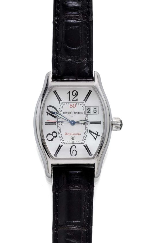 GENTLEMAN'S WRISTWATCH, AUTOMATIC, ULYSSE NARDIN, MICHELANGELO. Steel. Ref. 233-48. Tonneau-shaped case No. 337 with screw-down back and crown. Silver-coloured dial with indices and Arabic numerals, luminous hands, date at 2h, central minute division. Automatic, movement No. UN-22-15-0899, Cal. ETA 2892A2. Black leather band with UN clasp. D 35 x 48 mm.