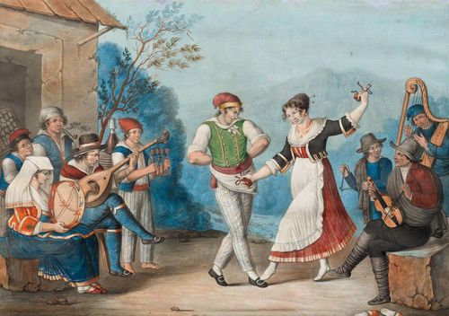 ITALY - NAPLES.-Anonymous, circa 1820. 1. Musicians and a couple dancing. 2. Meat and fish shop, with a man at the front cooking at an open stove. Gouache on paper, each ca. 31 x 43.5 cm. Outer lines in black pen. Framed as a pair in old frame.