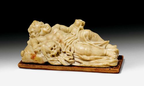 SMALL CHRONOS FIGURE,Baroque, probably northern Italy, 18th century. Alabaster. On wooden base. Chips and repairs.17x8x8 cm.