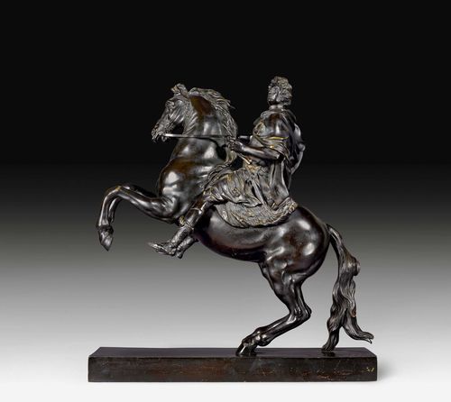 EQUESTRIAN STATUE OF LOUIS XIV,Restauration, attributed to F.J. BOSIO (Francois Joseph Bosio, Monaco 1769-1845 Paris), Paris circa 1830. Patinated bronze. Inscribed "S.M.Louis XIV Baron Bosio". 42x16x46 cm. Provenance: from a French collection. Expertise by Cabinet Dillee, Guillaume Dillee/Simon Pierre Etienne, Paris 2012.