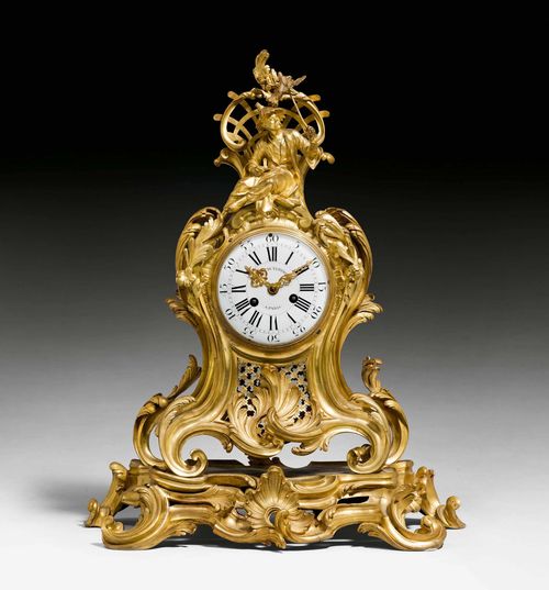 MANTEL CLOCK "AU CHINOIS",late Louis XV, after models by J.J. DE ST. GERMAIN (Jean Joseph de Saint-Germain, maitre 1750),  the dial signed CHARLES DUTERTRE A PARIS (Nicolas Charles Dutertre, maitre 1739), Paris, 18th/19th century. Gilt bronze. Enamel dial. Anchor escapement striking the 1/2 hours on bell. 48x27x59 cm.