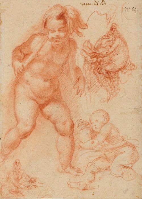 BILIVERTI, GIOVANNI (1585 Florence 1644) Study sheet of children and other figures. Red chalk. Numbered upper right in pen: No. 29. Verso old inscription: Biliverti und Paolo 10. On a 19th century mount. 24.3 x 18 cm. Provenance. - Collection of  Comte Alain de Suzannet, Lausanne - Estate of Comtesse Alain de Suzannet, Lausanne 21. September 1976 - Collection of  Hugues Fontanet, Geneva, Lugt 4257