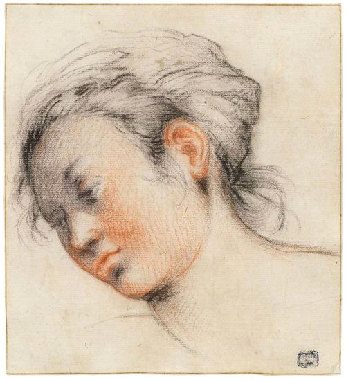 FLORENTINE, END OF THE 17TH CENTURY Portrait of a young woman. Black and red chalk. Outer line in brown pen. 18.5 x 16.5 cm. Provenance: - with unidentified collector’s stamp lower right