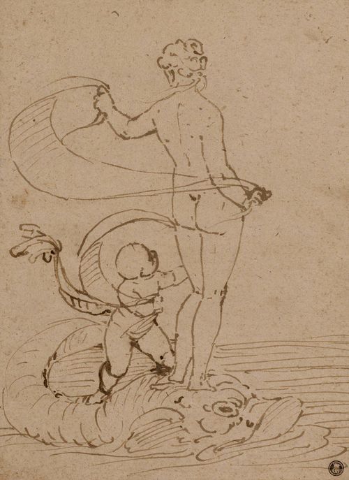 Circle of CAMBIASO, LUCA (Moneglia 1527 - 1585 Madrid), Nymph and putto riding on a dolphin. Brown pen. 25.8 x 18.9 cm. Provenance: - Collection of  Comte Gelozzi, Turin (2nd half of the 18th century), Lugt 545 - Collection of  Paul Geneux, Geneva