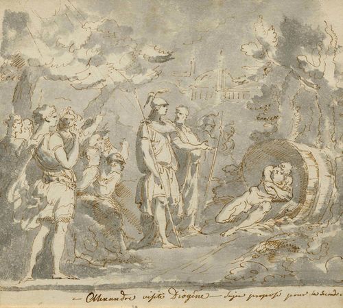 FRENCH, 1ST HALF OF THE 18TH CENTURY Alexander visits Dionysus. Brown pen, with grey wash. Entitled in French in brown pen below the image. 25 x 27 cm. Framed. Provenance: - Collection of  Adolf Wilhelm Kastberg, Lugt 3858