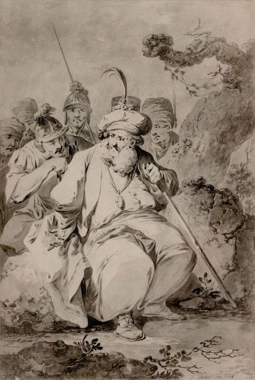 WOCHER, TIBERIUS DOMINIKUS (Mimmenhausen bei Salem 1728 - 1799 Reute bei Waldsee) Oriental before an antique tomb, with soldiers in the background. Black and grey pen, heightened in white. 30 x 21 cm.