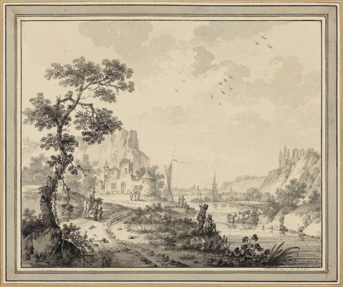 SCHUBART (Active, 2nd half of the 18th century) Idyllic river landscape with ruins, figures passing, herdsmen and anglers. Pen and brush in black and grey. Inscribed, signed and dated lower right in black pen: Schubart inv: et del: A 1786 14.2 x 17.7 cm.