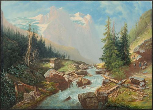 BLEULER, JOHANN LUDWIG (1792 Feuerthalen -1850 Laufen-Uhwiesen).Well & Wetterhörner und dem Roselauigletscher. Pub Louis Bleuler Schaffhausen Switzerland. Gouache, 35 x 49 cm. Black brush  outer liners and grey gouached margins. Entitled and inscribed in black pen in lower text margin. Framed. – The image with fresh colours and almost untouched condition. The margins with heavy rubbing and some losses.