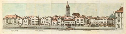 ZURICH.-Johann Balthasar Bullinger (1713-1793). Panorama mit Blick auf die Altstadt links der Limmat vom Zunfthaus zur Meissen bis "gegen der Untern Brück u. dem Schwerdt". Circa 1770. Coloured outline etching, 13.5 x 57.5 cm. (sheet size: 17 x 66.5 cm). Engraved signature lower right: J.B.Bullinger f.. – Partial light browning and minor foxing, with slight traces of handling and vertical creases. Overall good condition. - Rare.