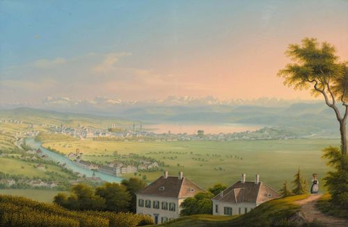 BLEULER, JOHANN LUDWIG (Feuerthalen 1792 - 1850 Laufen-Uhwiesen).Zürich von der Waid mit Blick über die Stadt und den See auf die Gebirgskette, circa 1840. Gouache, 32 x 48.5 cm. Black pen outer line and grey-green gouached margin. With old inscription on the margin in black pen: Limath, Zürich, Weid, Sihl. Gold frame. – Very fine scene in with fine and fresh colours. Scattered foxing and minor rubbing, the gouached margins with light traces of handling and water stain. Overall very good condition.
