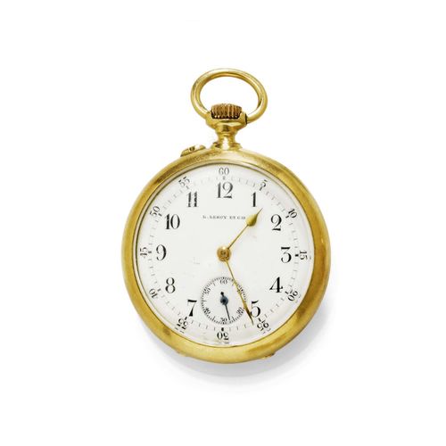 PENDANT WATCH, L. LEROY ET Cie., Paris, ca. 1910. Yellow gold 750. Polished case No. 10424 with crowned monogram on the back. Glass with central depression. Enamelled dial with Arabic numerals and gold-coloured hands, outer 60 minute division, small second, signed. Dust cover signed: L. Leroy & Cie. Horloger de la Marine, 7 Bd. de la Madelaine, Paris. Lever movement with Breguet spring and bimetallic balance, signed. D 33 mm.