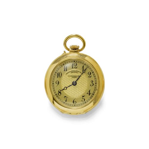 GOLD PENDANT WATCH, PATEK PHILIPPE, ca. 1910. Yellow gold 750. Engraved case No. 260057 with crowned, dated monogram on the back. Gold-coloured dial with Arabic numerals and Breguet hands, the centre engine-turned, signed Patek Philippe & Co. Genève, F. Michaelsen Rome. Lever movement No. 155559, with flat spring and bimetallic balance, pallet with counterpoise, wolf tooth's winding. D 29 mm. With copy of the Certificat de Révision by Chronometrie Chatelain, May 2011.