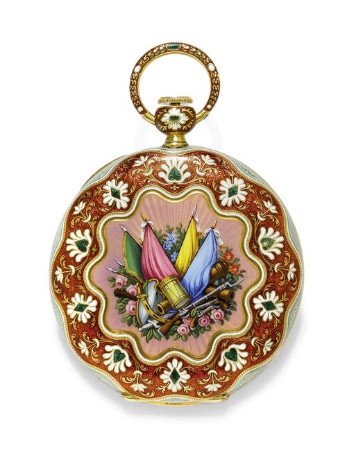 ENAMEL SAVONNETTE POCKET WATCH, MINUTE REPEATER, BLONDEL & MELLY, Geneva, ca. 1840 Yellow gold 750, 105g. Polychrome enamelled case No. 16158, both sides engine-turned. Medallion with emblems on a dusky pink, translucent enamel background. The wavy frame and the pendant are painted with orange, translucent enamel and blossoms in white and green. Dust cover signed Blondel & Melly à Genève No. 16158. Enamelled dial with Arabic numerals and Breguet hands. Cylinder movement with repeater, 24 rubies. Repeater triggered by the pendant. D 51 mm.