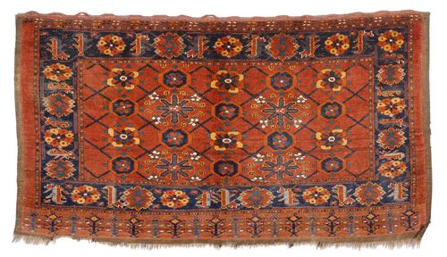 BESHIR antique.Rust coloured ground with stylized trailing flowers, black border, 90x160 cm.