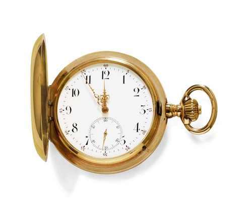 POCKET WATCH SAVONNETTE, IWC, ca. 1900. Pink gold 585, 145g. Polished case No. 251908. Enamelled dial with Arabic numerals and gold-coloured Louis XV hands, outer minute division with red 5-minute numerals, small second. Gold-coloured lever movement No. 228906 with Breguet spring, bimetallic balance, fine adjustment, 4 screwed chatons. Does not run: resinified. D 57 mm. With case.