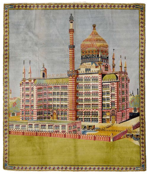 EUROPEAN TAPESTRY old.Central field with a depiction of a cigarette factory, narrow border in beige, signs of wear, 280x310 cm.