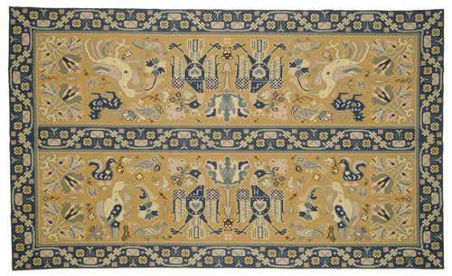 EUROPEAN PETIT-POINT old.Beige central field divided in two, patterned with large plant and bird motifs in blue and yellow, blue edging with trailing flowers, 235x365 cm.