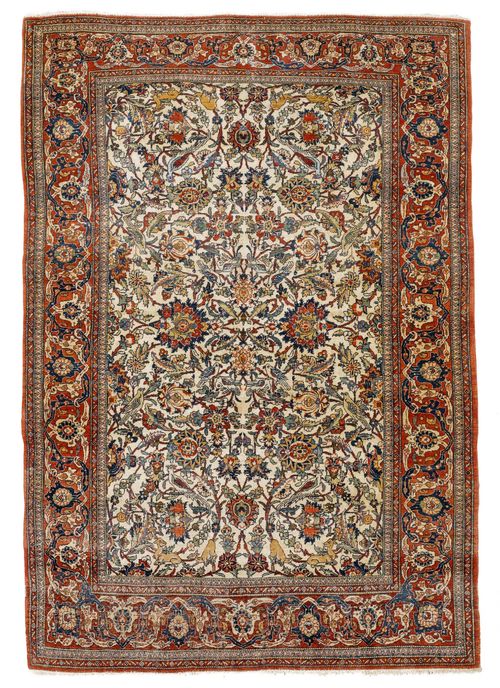 GHOM old.White central field patterned with trailing flowers and animals in harmonious colours, red edging, signs of wear, 140x210 cm.