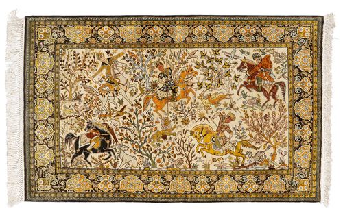 GHOM SILK.White ground depicting a hunting scene, black edging with trailing flowers, 104x170 cm.