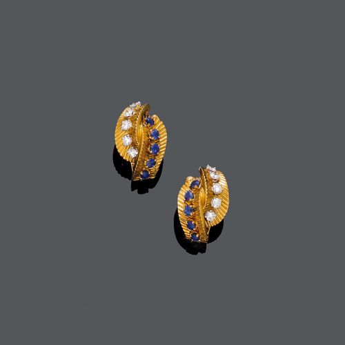 SAPHIR-DIAMANT-GOLD-OHRCLIPS, VAN CLEEF & ARPELS, um 1950.
