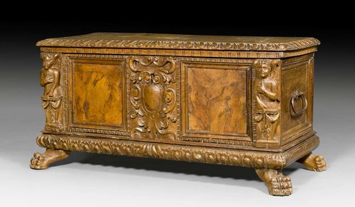 WEDDING CHEST,Renaissance, northern Italy, 17th century. Richly carved walnut. Old iron lock. Carrying handles. Some alterations. 106x48x54 cm.