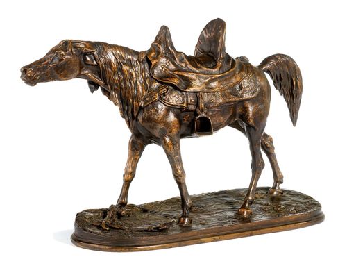CHEVAL DE SPAHI AU PIQUET.Bronze finished in a reddish and dark patina, signed P.J. MÊNE. Workshop P.J. Mêne (1846-1879). 38x16x29 cm.