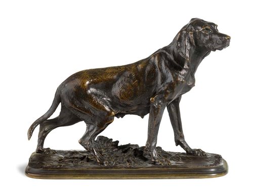 CHIENNE FRANCAISE (BELLOTTE).Darkly patinated bronze, signed P.J. MÊNE. 1856. Workshop of Mêne-Cain (1879-1908). 30x12x23 cm.
