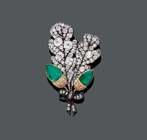 EMERALD AND DIAMOND BROOCH, Russia, 19th century. Silver and yellow gold. Fancy brooch designed as 2 oak leaves with acorns, the acorns are set with 2 fine, drop-cut Columbian emeralds weighing ca. 5.60 ct and set throughout with ca. 120 old European cut diamonds weighing ca. 9.50 ct, and numerous rose-cut diamonds weighing ca. 0.50 ct. No signs of repair on the back. Ca. 6.8 x 4 cm. With GGTL/Gemlab Report No. 14-B-2707, October 2014. Provenance: Grand Duchess Maria Pavlovna of Russia (1786-1859) was the first owner of this brooch.
