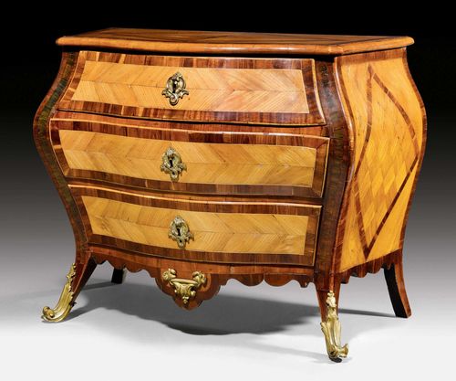 COMMODE,Louis XV, Sweden circa 1760. Ash, plum and partly dyed fruitwoods inlaid with fillets and star. The front with 3 drawers. Bronze mounts and sabots. 101x55x77 cm.