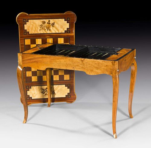 GAMES TABLE "A FLEURS",Louis XV, probably Bern circa 1760. Walnut, cherry, burlwood and partly dyed fruitwoods in veneer and fine inlaid with game board, flowers, leaves, fillets and decorative frieze. Removable top lined with green felt verso. The frame with backgammon board inside. 104x61x77 cm.