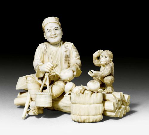 AN IVORY OKIMONO OF A RESTING PEASANT WITH A MONKEY. Japan, Meiji period, length 18.5 cm.