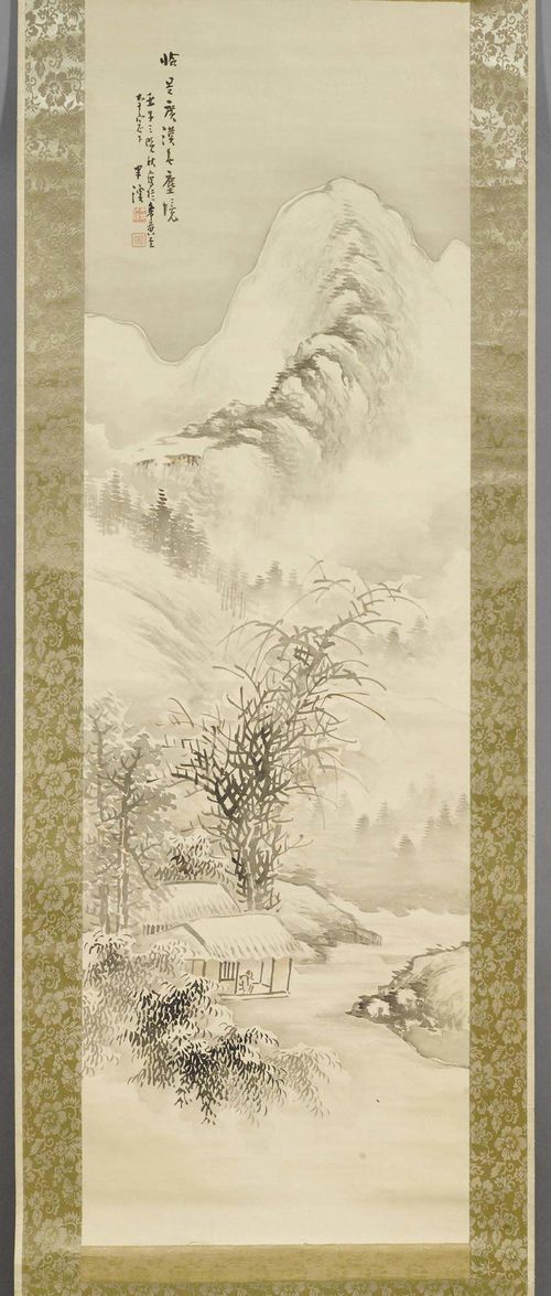 HANGING SCROLL OF A WINTER LANDSCAPE BY MORI HANITSU (1848-1940). Japan, dated 1912, 120x40.5 cm. Ink and light colours on silk. Signed and two seals.