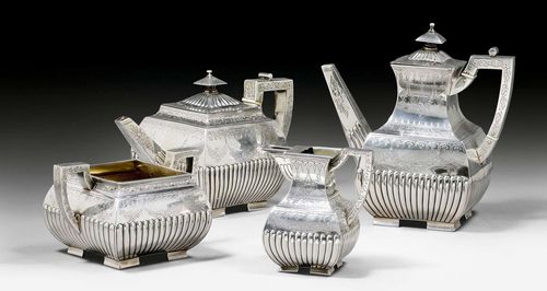 COFFEE AND TEA SERVICE, London 1871/74.Maker's mark: S.S. Comprising: coffee pot, teapot, sugar bowl and cream jug. H coffee pot 20 cm. Total weight: 2119 g.