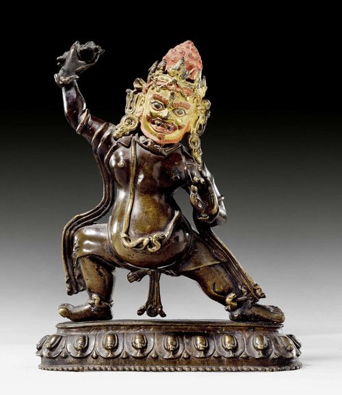 A BRONZE FIGURE OF CANDAVAJRAPANI. Tibet, 16th c. Height 20.5 cm. Base is cast separately.