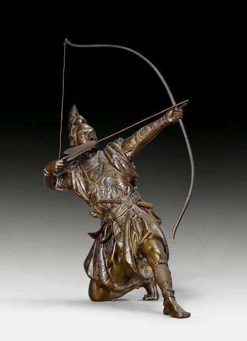 A FINE BROWN PATINATED BRONZE FIGURE OF AN ARCHER. Japan, Meiji period, height 38 cm. Signed: "Masamitsu".