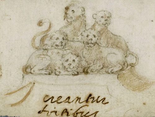 ITALIAN SCHOOL, 16TH CENTURY Study for a group of lions. Design for a decorative scheme. Grey pen with brown wash. Inscribed centre bottom in brown pen (unidentified), 4.5 x 5.6 cm.
