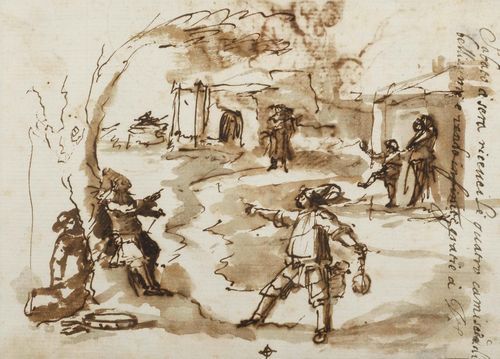 MOLA, PIER FRANCESCO (Coldrerio 1612 - 1666 Rome) Study of a carnival scene in a rural setting. Verso: further figure study with tree. Brown pen with brown wash. On hand-made paper with watermark: anchor in circle (Haewood 5). The right hand margin with old text in Italian: Sabato à sera ricevei le quatro camiseta di ... bellissimi e rendo infinite gratie à V(ostro) S(ignore). 11.5 x 15.2 cm (uneven). Framed. Provenance: - probably collection of Livio Odescalchi (1655-1713), Rome - German private collection Nicolas Turner, in a text dated 01.01.2012, has confirmed the attribution to Pier Francesco Mola and has indicated the likely provenance as the Livio Odescalchi collection.