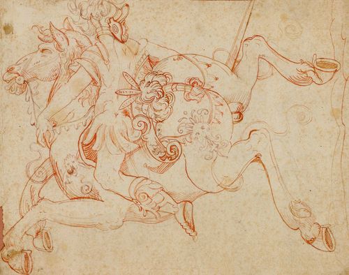 ITALIAN SCHOOL, 16TH/17TH CENTURY Warrior with helmet on charging horse. Design for a decorative scheme. Red and brown pen, with black crayon. On hand-made paper with watermark (cut). 16 x 20.5 cm.