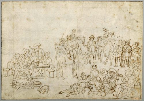 FLEMISH SCHOOL, 17TH CENTURY Carousal with riders and passers-by. Brown pen over black crayon. 20.5 x 29.5 cm. Framed.