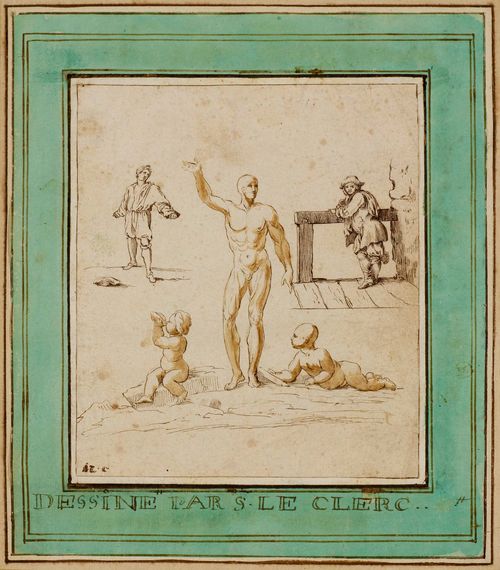 Attributed to LE CLERC, SEBASTIEN (Metz 1637 - 1714 Paris), Study sheet with two men standing and with putti. Pen and brush in brown. Old mount. Old inscription on mount and verso: Dessine par S.Le Clerc. 15.8 x 13.7 cm.