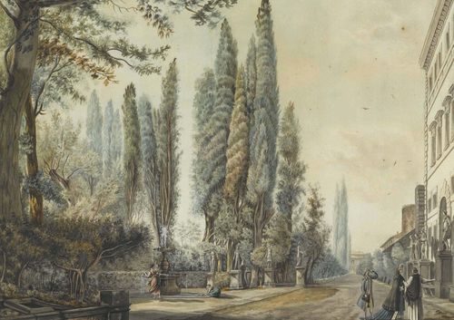DUCROS, ABRAHAM LOUIS ADOLPHE (Yverdon 1748 - 1810 Lausanne) Les jardins de la villa Montalto-Negroni. Brown pen and watercolour heightened in white. On wove paper with watermark of JHonig & Zoonen. 46 x 63 cm. Gold frame.