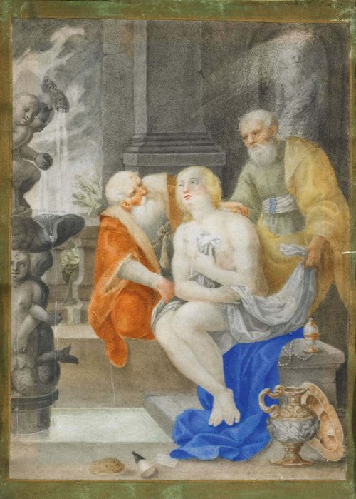 GERMAN SCHOOL, 17/18TH CENTURY Susanna bathing, with the elders looking on. Gouache on vellum. Gold border. Signed lower right: F. Ander (?) (unidentified). 17.3 x 12.2 cm. Framed.