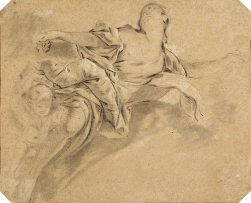 Circle of BOUCHER, FRANCOIS (1703 Paris 1770), Woman with putto aloft. Black chalk, heightened in white and grey brush. Old numbering lower left in black pen: 57. 33.6 x 41.5 cm.(the corners chamfered). Framed.