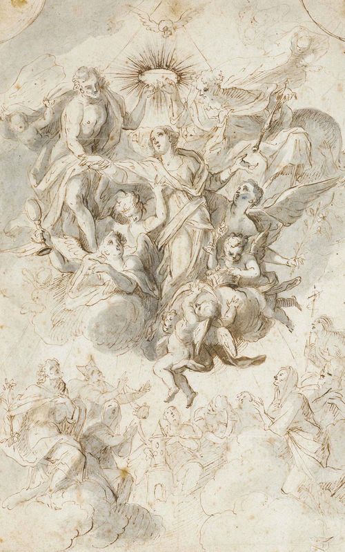 SOUTH GERMAN SCHOOL, 18TH CENTURY Mary's ascension into Heaven. Brown pen, with grey wash. 31 x 20 cm. Framed.