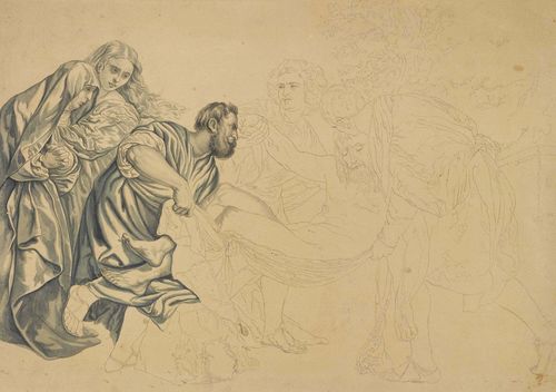 Attributed to SCHNORR VON CARLOSFELD, JULIUS (Leipzig 1794 - 1872 Dresden) The entombment of Christ. Grey pen with watercolour. On wove paper with watermark. 31.1 x 44.1 cm. Provenance: - Private collection Basel